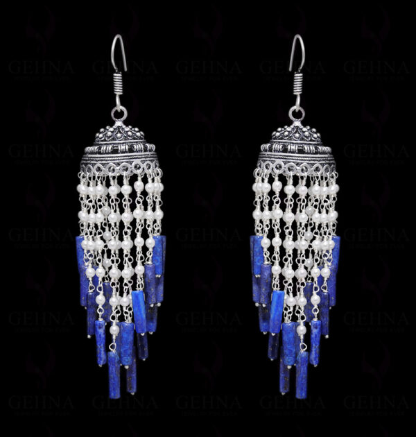 Pearl & Lapis Lazuli Gemstone Jhumki Style Earrings In Silver GE06-1055
