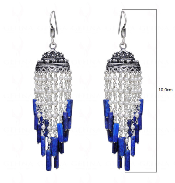 Pearl & Lapis Lazuli Gemstone Jhumki Style Earrings In Silver GE06-1055