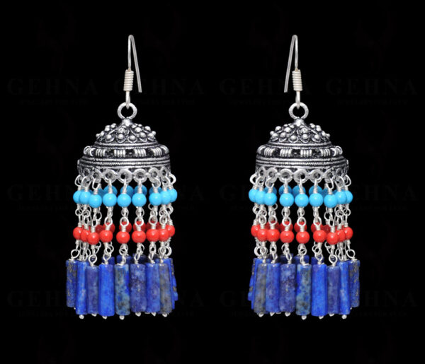 Lapis Lazuli, Coral & Turquoise Gemstone Jhumki In Earrings Silver GE06-1056