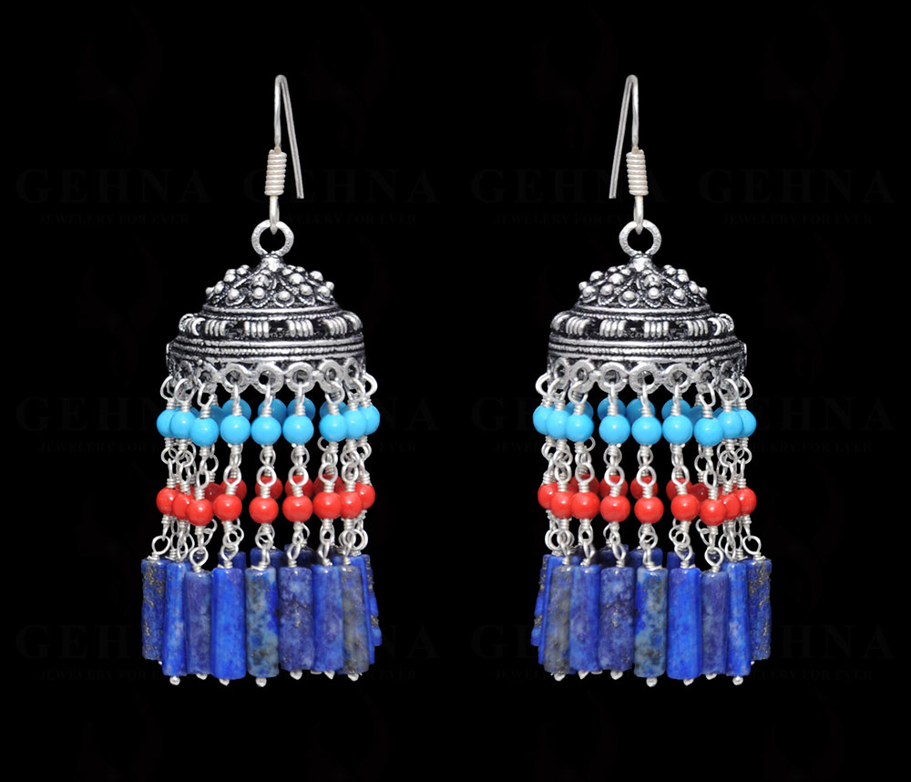 Lapis Lazuli, Coral & Turquoise Gemstone Jhumki In Earrings Silver GE06-1056