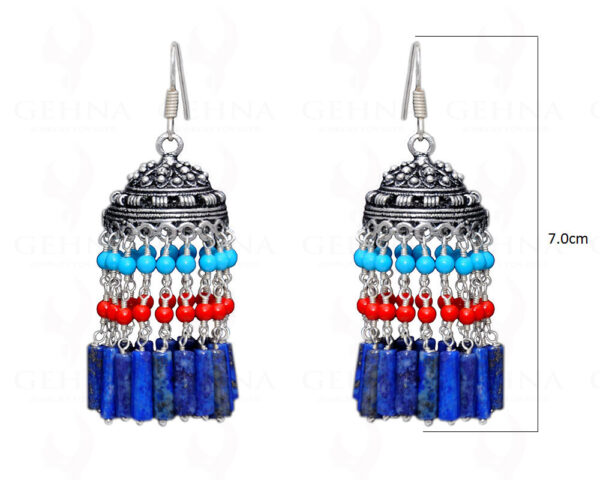 Lapis Lazuli, Coral & Turquoise Gemstone Jhumki In Earrings Silver GE06-1056