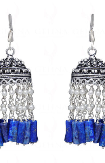 Pearl & Lapis Lazuli Gemstone Jhumki Style Earrings In Silver GE06-1057