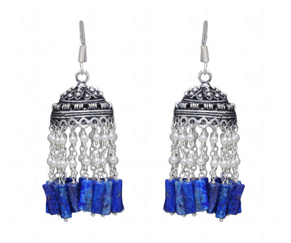 Pearl & Lapis Lazuli Gemstone Jhumki Style Earrings In Silver GE06-1057