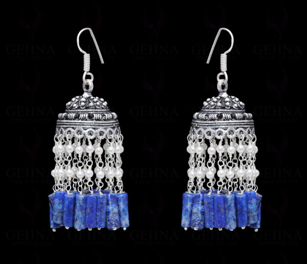 Pearl & Lapis Lazuli Gemstone Jhumki Style Earrings In Silver GE06-1057