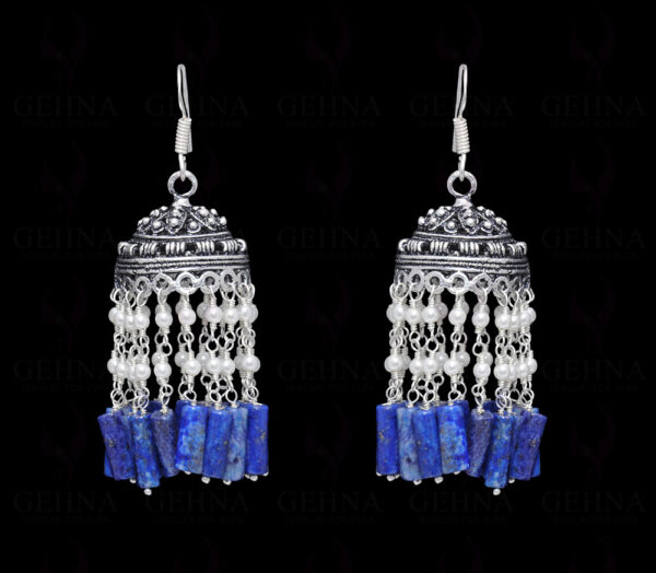 Pearl & Lapis Lazuli Gemstone Jhumki Style Earrings In Silver GE06-1057