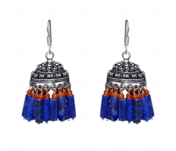 Lapis Lazuli & Carnelian Gemstone Jhumki Style Earrings In Silver GE06-1058