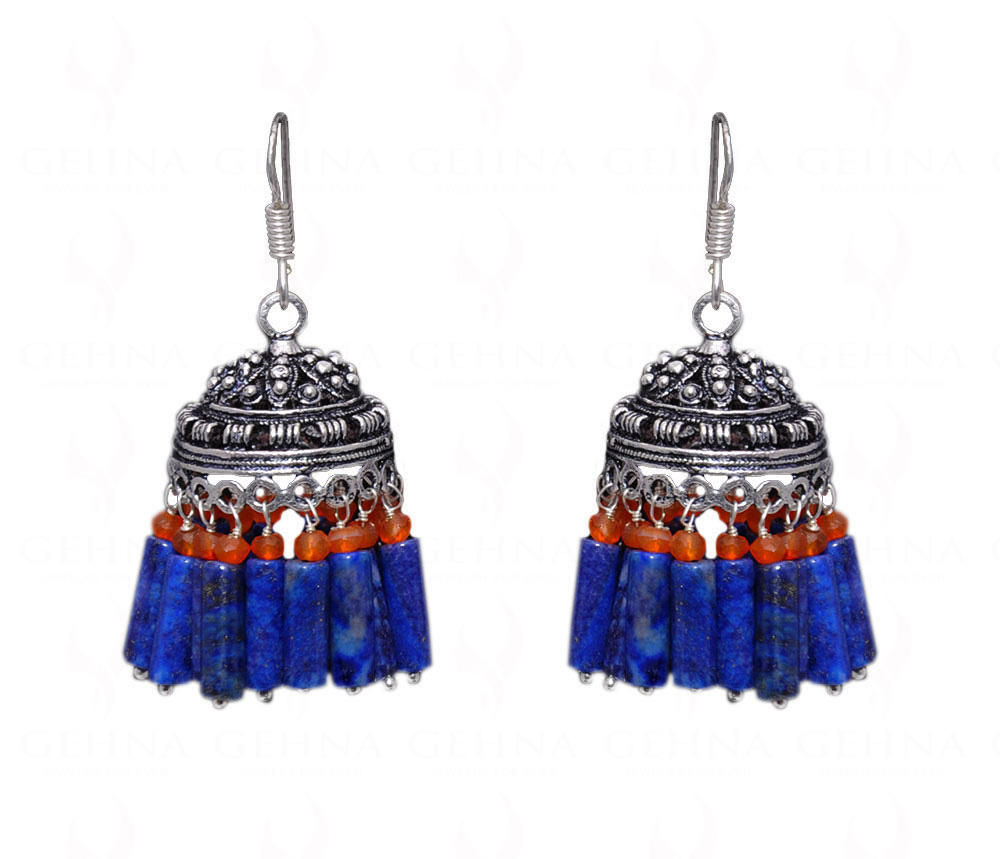 Lapis Lazuli & Carnelian Gemstone Jhumki Style Earrings In Silver GE06-1058
