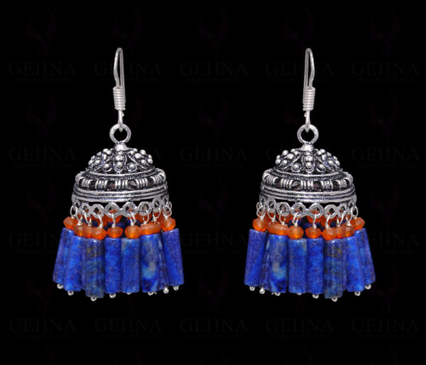 Lapis Lazuli & Carnelian Gemstone Jhumki Style Earrings In Silver GE06-1058