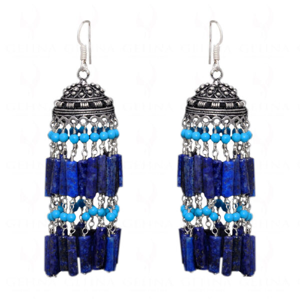 Lapis Lazuli & Turquoise Gemstone Jhumki Style Earrings In Silver GE06-1059