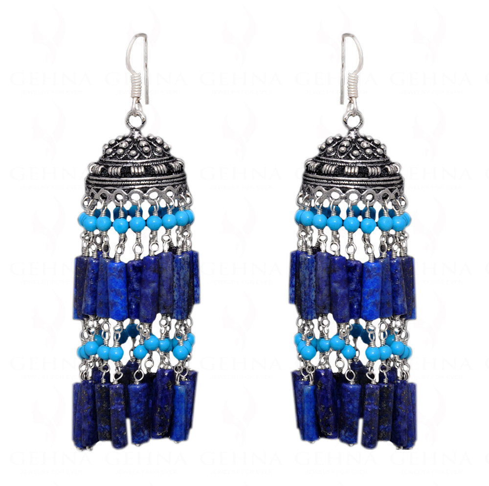Lapis Lazuli & Turquoise Gemstone Jhumki Style Earrings In Silver GE06-1059
