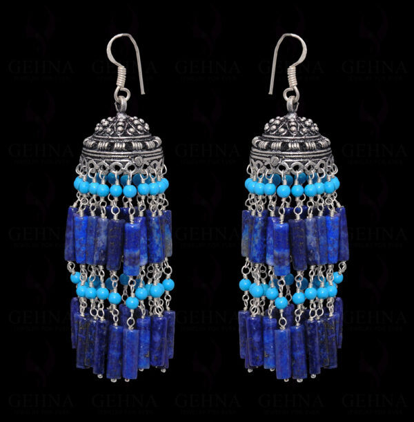 Lapis Lazuli & Turquoise Gemstone Jhumki Style Earrings In Silver GE06-1059