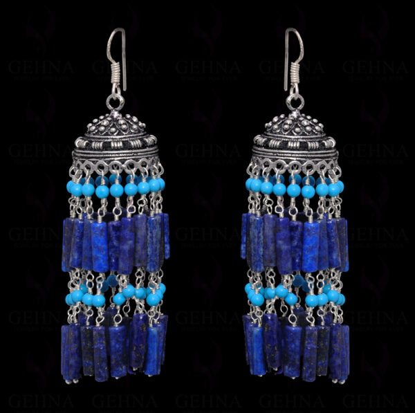 Lapis Lazuli & Turquoise Gemstone Jhumki Style Earrings In Silver GE06-1059