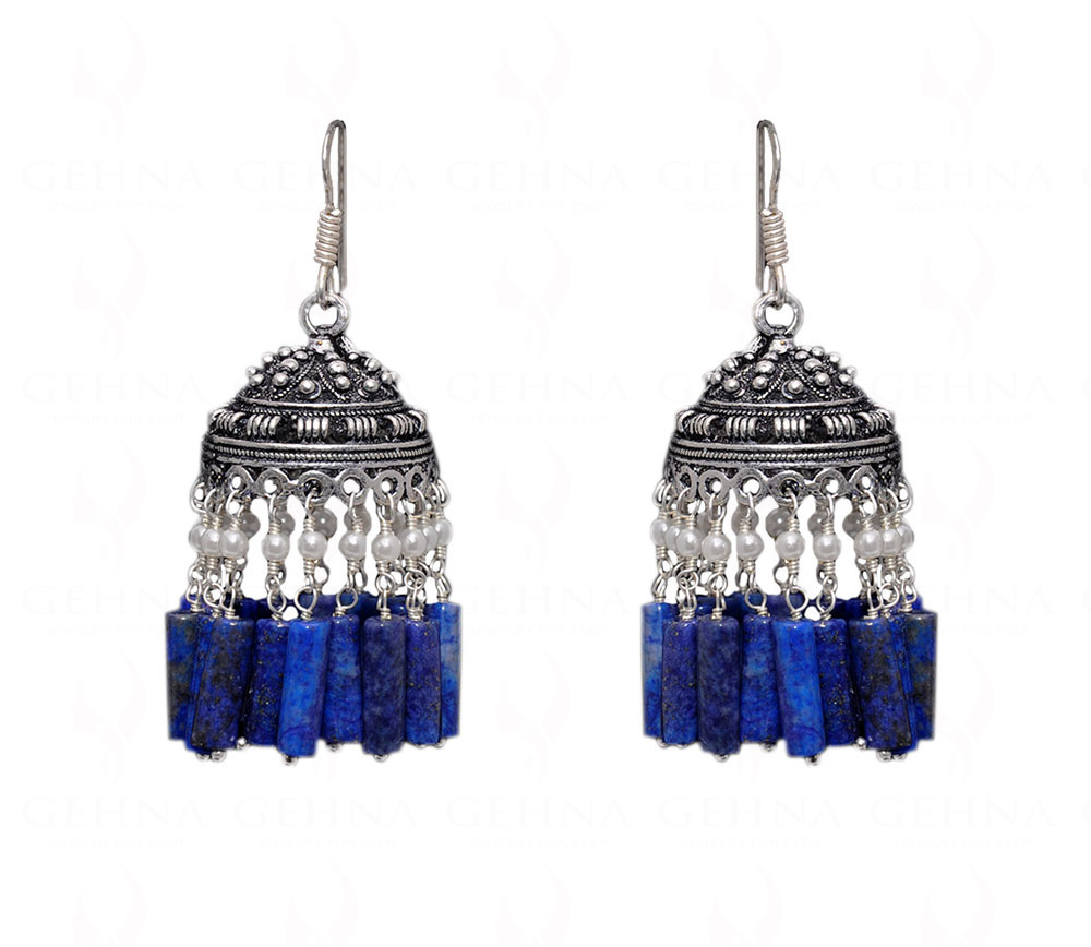 Pearl & Lapis Lazuli Gemstone Jhumki Style Earrings In Silver GE06-1060