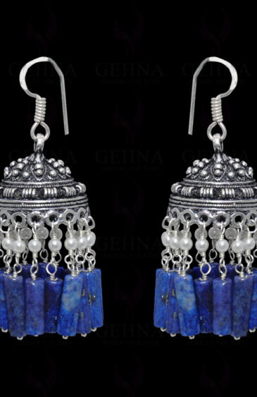 Pearl & Lapis Lazuli Gemstone Jhumki Style Earrings In Silver GE06-1060