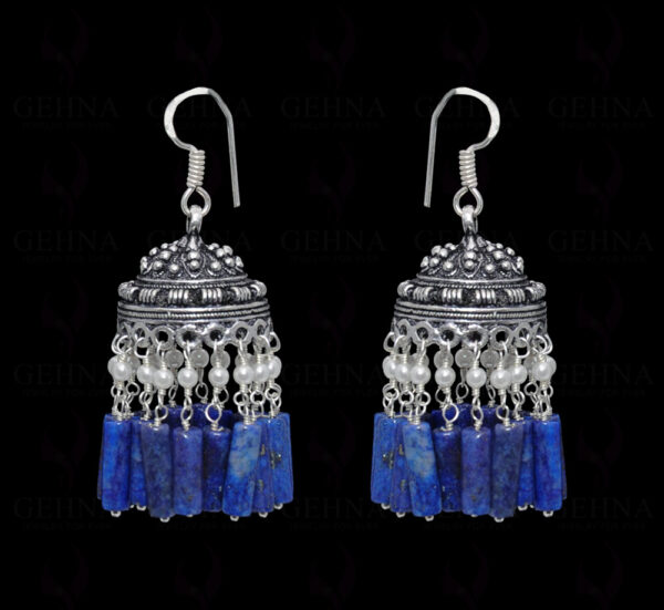 Pearl & Lapis Lazuli Gemstone Jhumki Style Earrings In Silver GE06-1060