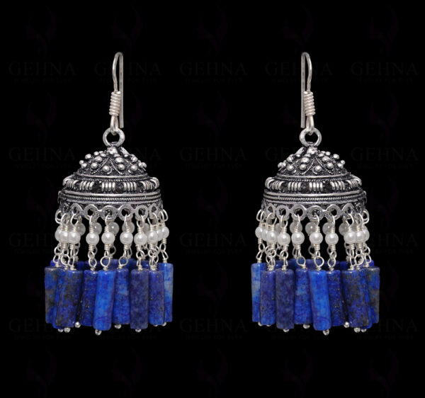 Pearl & Lapis Lazuli Gemstone Jhumki Style Earrings In Silver GE06-1060