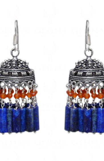 Lapis Lazuli & Carnelian Gemstone Jhumki Style Earrings In Silver GE06-1061