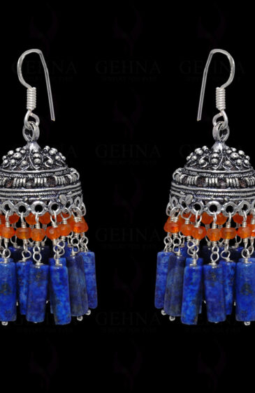 Lapis Lazuli & Carnelian Gemstone Jhumki Style Earrings In Silver GE06-1061