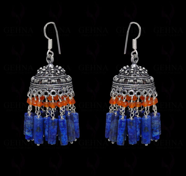 Lapis Lazuli & Carnelian Gemstone Jhumki Style Earrings In Silver GE06-1061