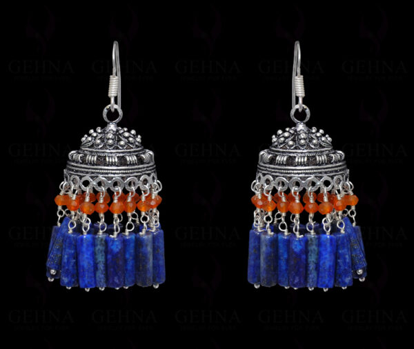 Lapis Lazuli & Carnelian Gemstone Jhumki Style Earrings In Silver GE06-1061