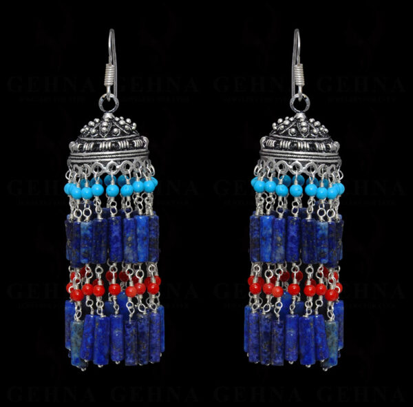 Lapis Lazuli, Coral & Turquoise Gemstone Jhumki Earrings In Silver GE06-1062