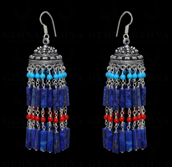 Lapis Lazuli, Coral & Turquoise Gemstone Jhumki Earrings In Silver GE06-1062