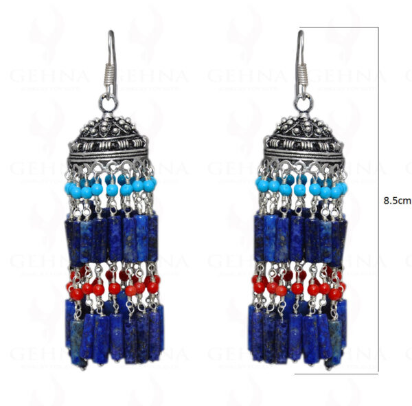 Lapis Lazuli, Coral & Turquoise Gemstone Jhumki Earrings In Silver GE06-1062