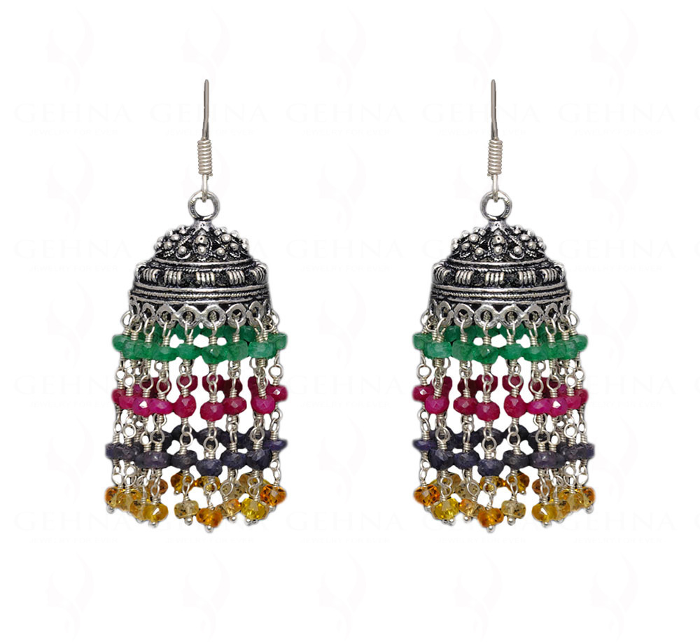 Ruby, Emerald & Sapphire Gemstone Bead Jhumki In Silver GE06-1063