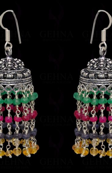 Ruby, Emerald & Sapphire Gemstone Bead Jhumki In Silver GE06-1063