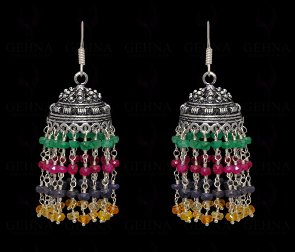 Ruby, Emerald & Sapphire Gemstone Bead Jhumki In Silver GE06-1063