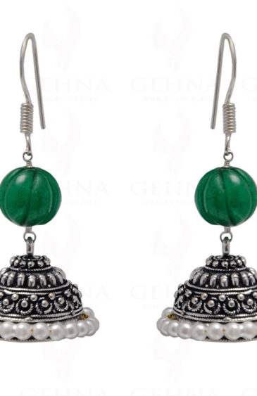 Pearl & Emerald Gemstone Bead Earrings In Silver GE06-1071