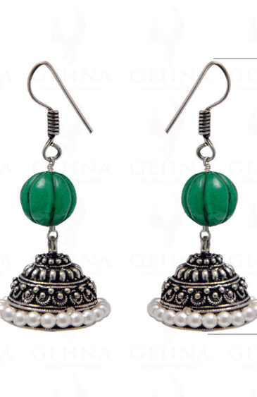 Pearl & Emerald Gemstone Bead Earrings In Silver GE06-1071
