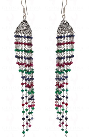 Ruby, Emerald & Sapphire Gemstone Faceted Bead Long Earrings In Silver GE06-1072