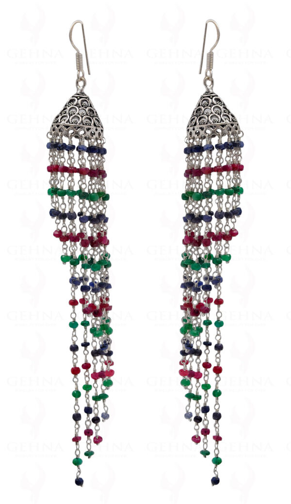 Ruby, Emerald & Sapphire Gemstone Faceted Bead Long Earrings In Silver GE06-1072