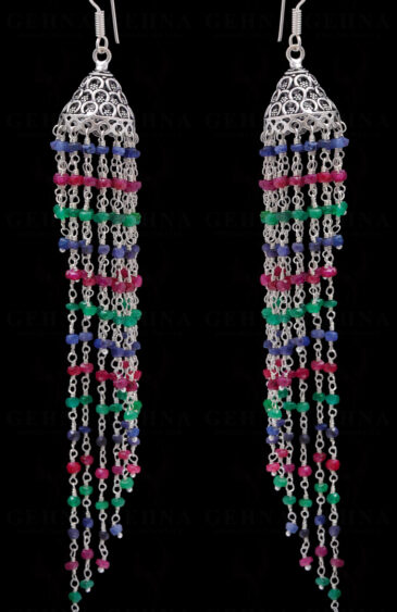Ruby, Emerald & Sapphire Gemstone Faceted Bead Long Earrings In Silver GE06-1072