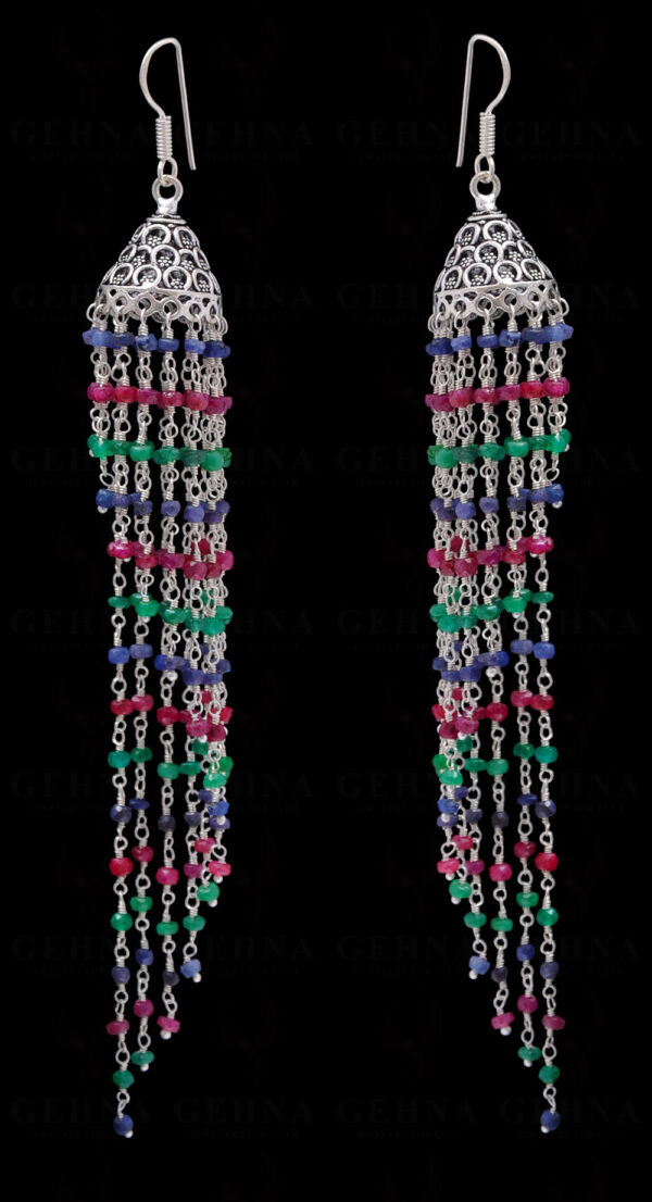 Ruby, Emerald & Sapphire Gemstone Faceted Bead Long Earrings In Silver GE06-1072