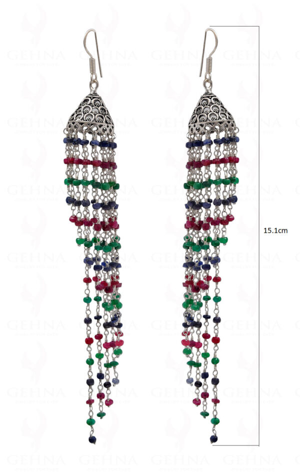 Ruby, Emerald & Sapphire Gemstone Faceted Bead Long Earrings In Silver GE06-1072