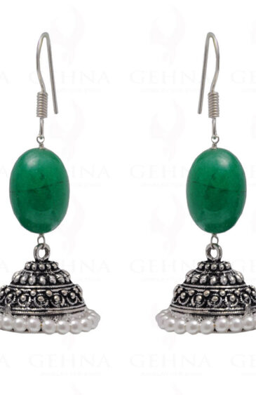 Pearl & Emerald Gemstone Bead Earrings In Silver GE06-1073