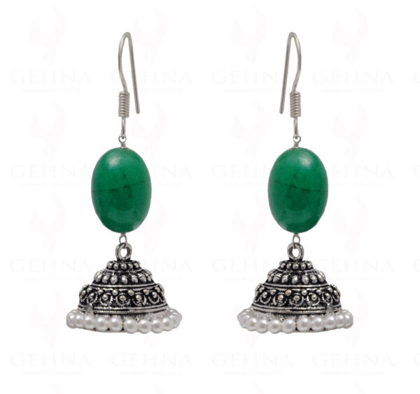 Pearl & Emerald Gemstone Bead Earrings In Silver GE06-1073