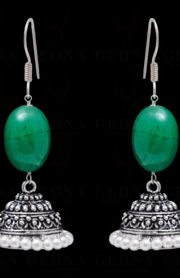 Pearl & Emerald Gemstone Bead Earrings In Silver GE06-1073