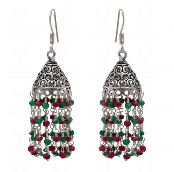 Ruby & Emerald Gemstone Faceted Bead Earrings In Silver GE06-1074