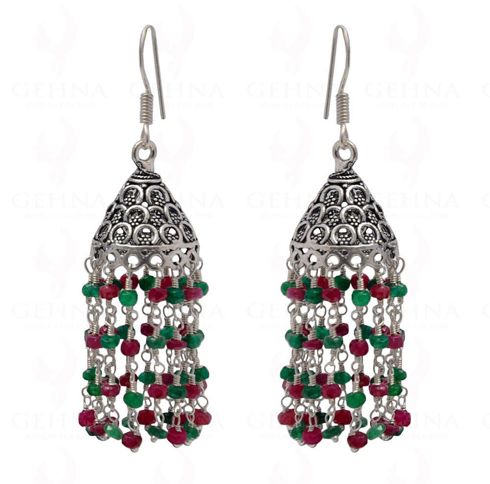 Ruby & Emerald Gemstone Faceted Bead Earrings In Silver GE06-1074