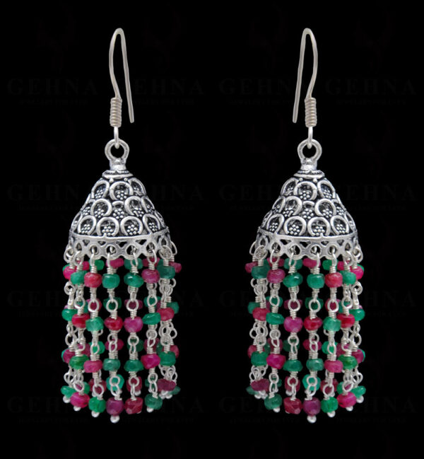 Ruby & Emerald Gemstone Faceted Bead Earrings In Silver GE06-1074