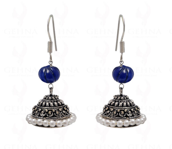 Pearl & Blue Sapphire Gemstone Bead Earrings In Silver GE06-1075