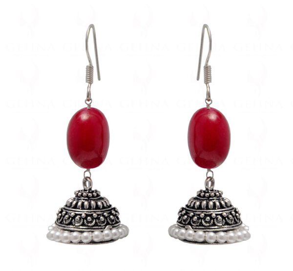 Pearl & Ruby Gemstone Bead Earrings In Silver GE06-1077