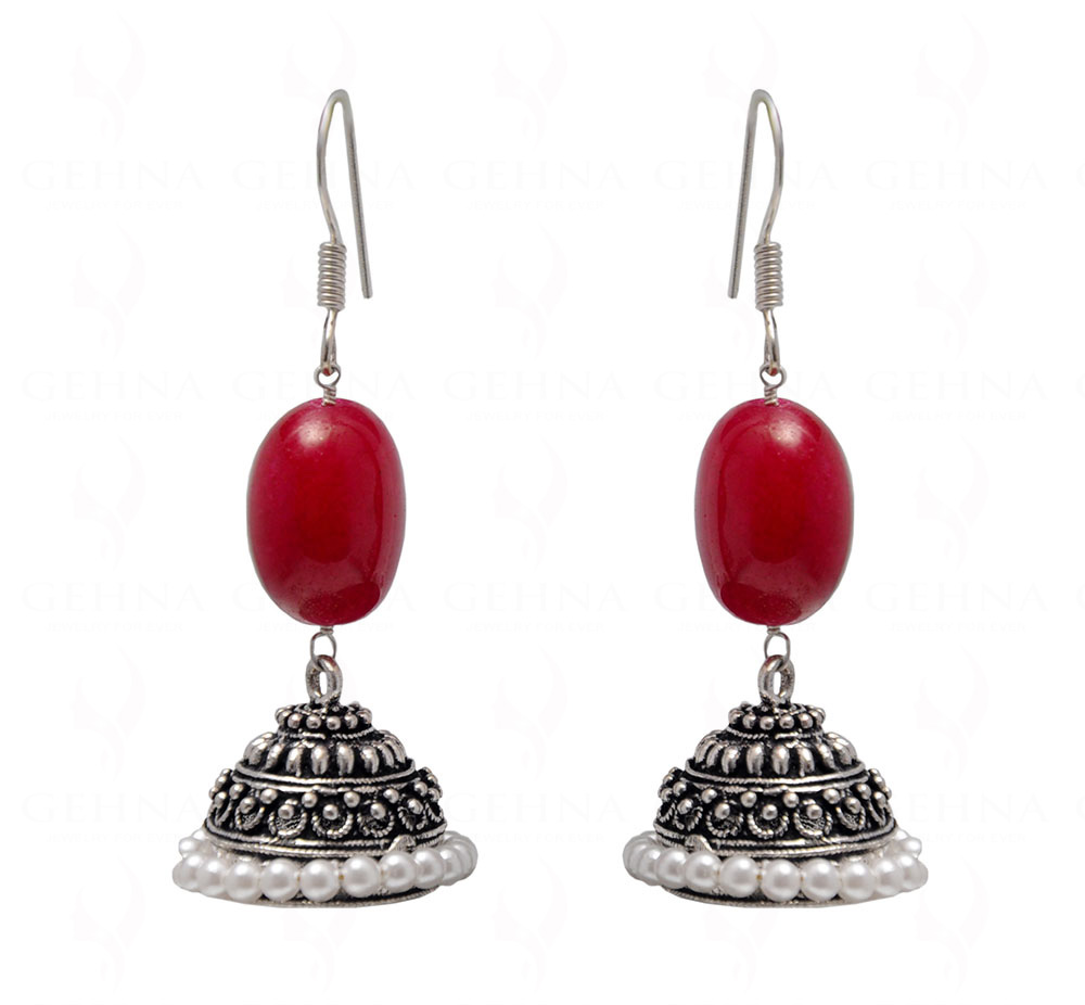 Pearl & Ruby Gemstone Bead Earrings In Silver GE06-1077
