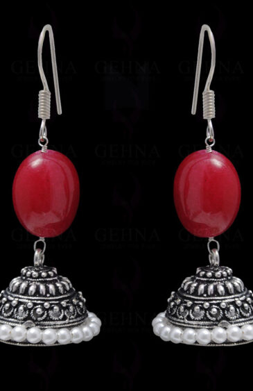 Pearl & Ruby Gemstone Bead Earrings In Silver GE06-1077