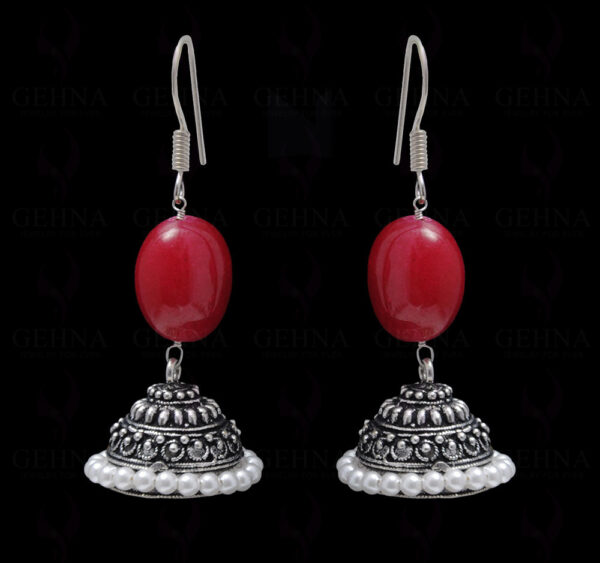 Pearl & Ruby Gemstone Bead Earrings In Silver GE06-1077