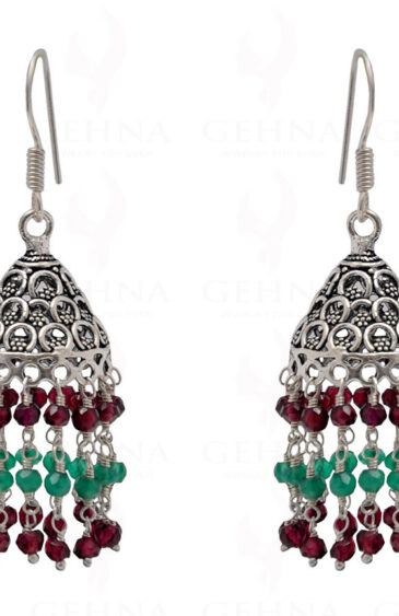 Red Garnet & Green Onyx Gemstone Faceted Bead Earrings In Silver GE06-1078