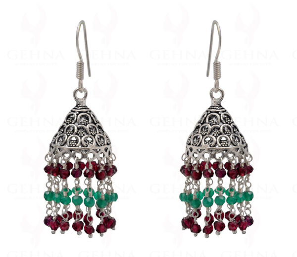 Red Garnet & Green Onyx Gemstone Faceted Bead Earrings In Silver GE06-1078